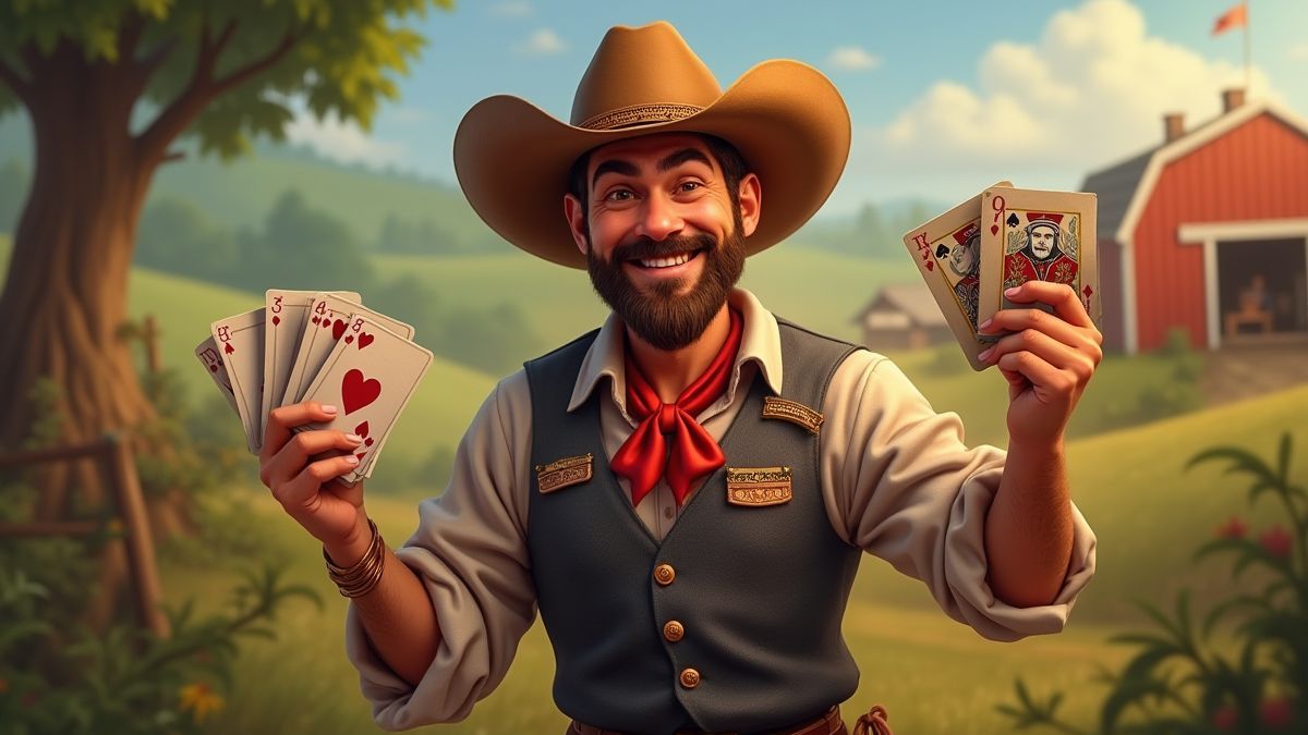 Ein lächelnder Spieler, der Karten vor einem Bauernhof-Hintergrund hält.