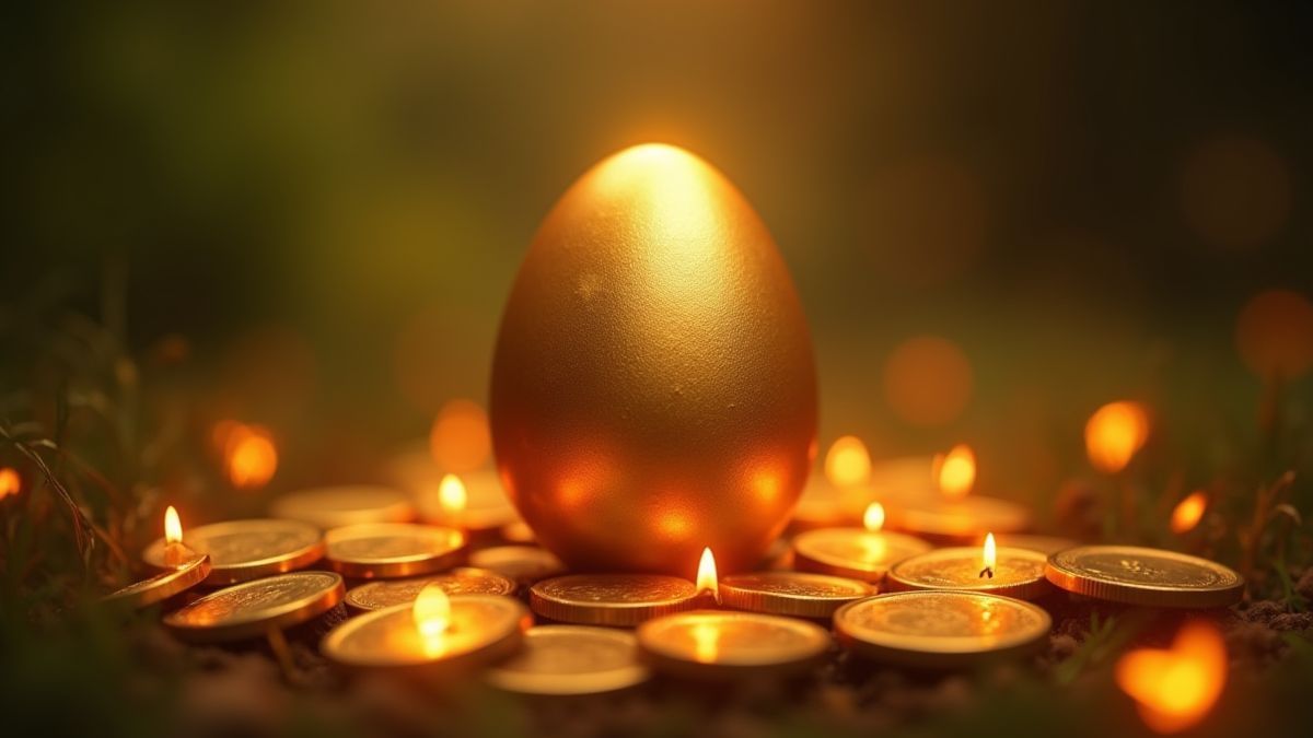 Ein goldenes Ei, umgeben von leuchtenden Münzen in einem Bauernhof-Setting.