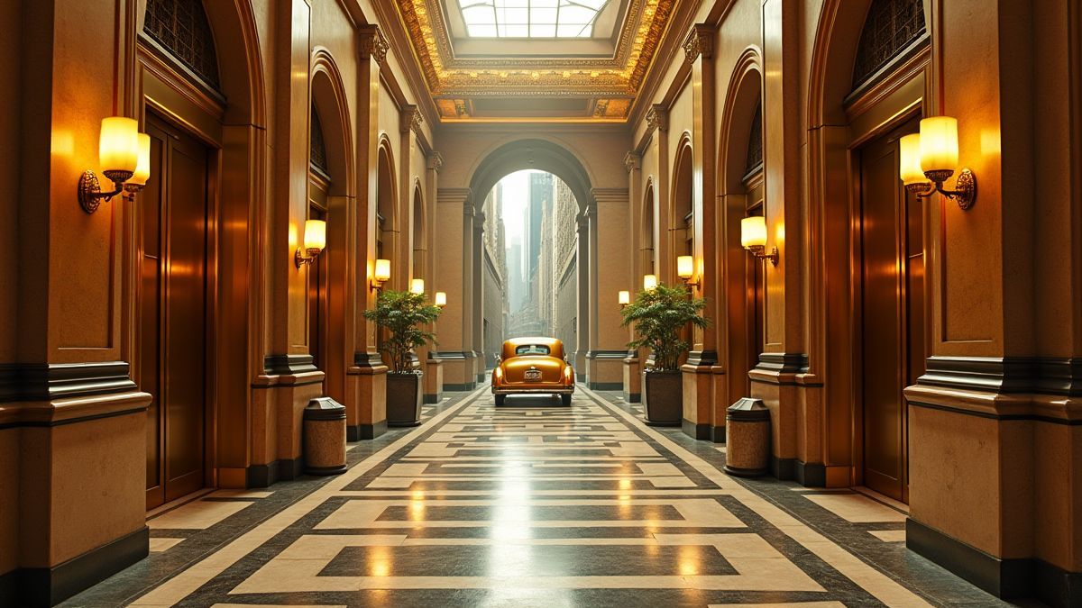 Distrito financeiro Art Deco com ascensores dourados e carros vintage.