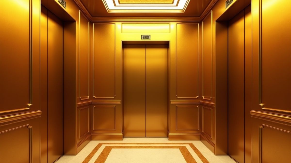 Interior de um elevador dourado com design Art Deco.