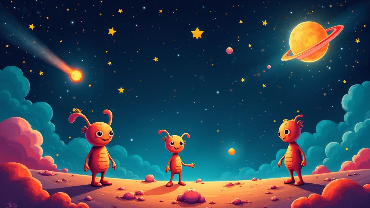 Escena espacial colorida con estrellas, cometas y personajes alienígenas.