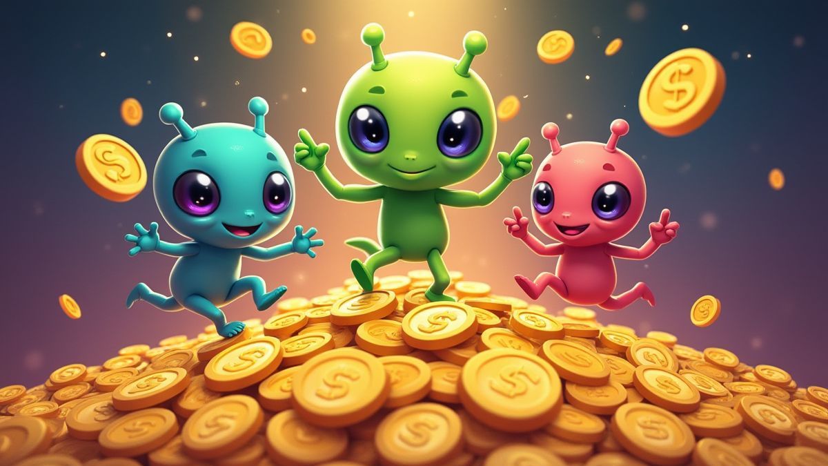 Marcianos estilo caricatura bailando alrededor de montones de monedas de oro.