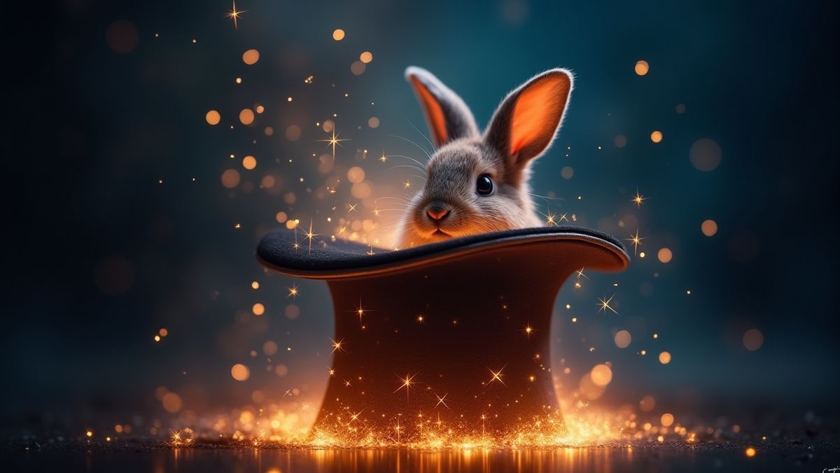 A magical hat with a rabbit peeking out in a bright environment.