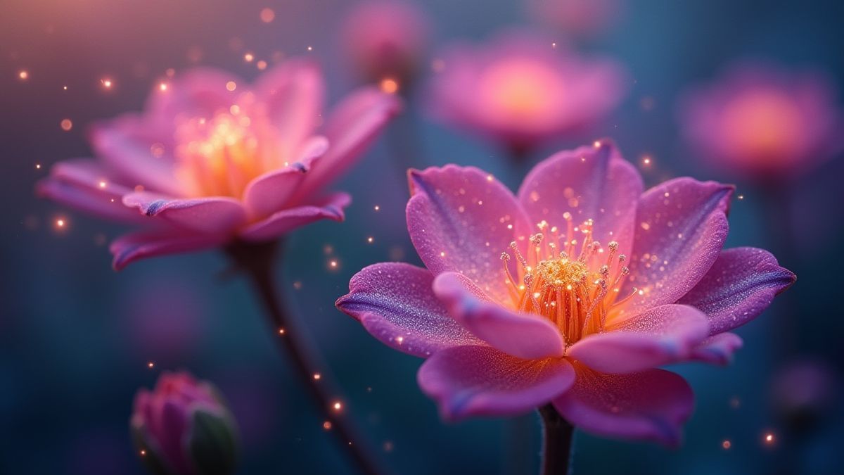 Magical flowers glowing in an enchanted background.
