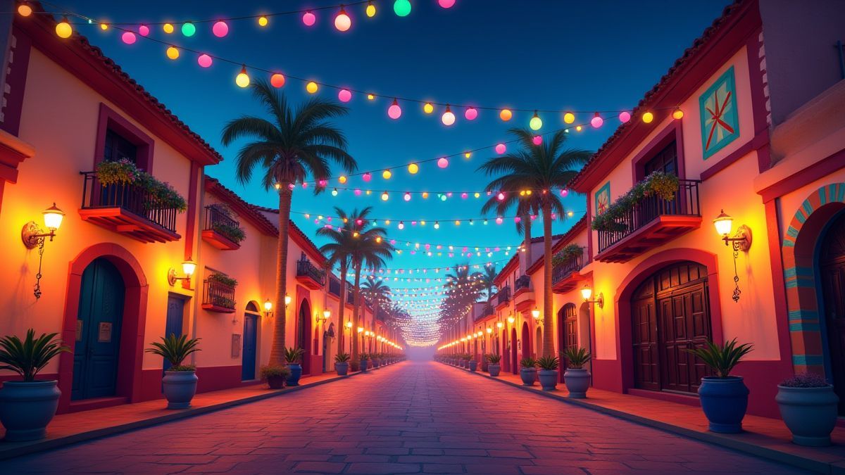 Animated image of a Mexican town decorated with lights and papel picado.