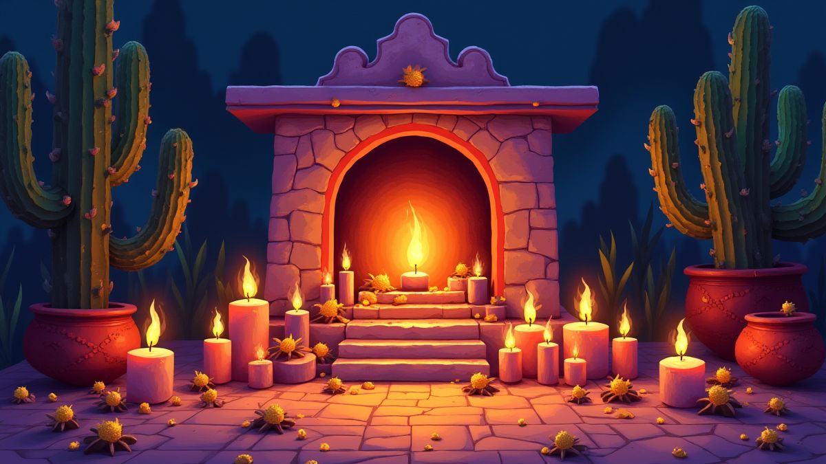 Image of a shrine illuminated with candles and offerings in a Mexican setting.