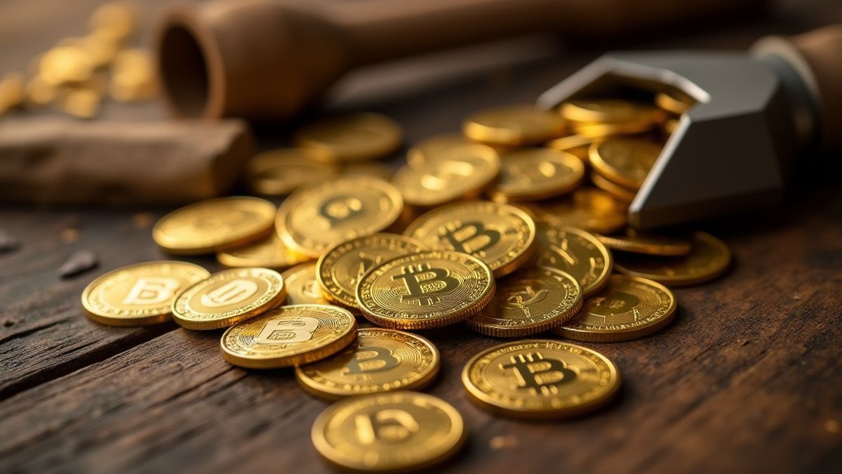Gold coins and mining tools on a wooden surface.