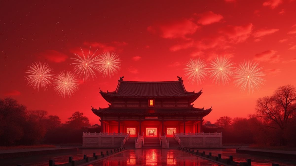 Traditioneel Chinees gebouw onder een rode lucht met vuurwerk.