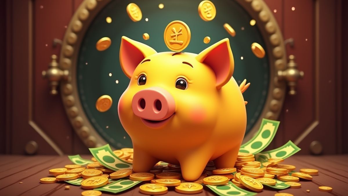 An animated golden pig surrounded by coins and bills.