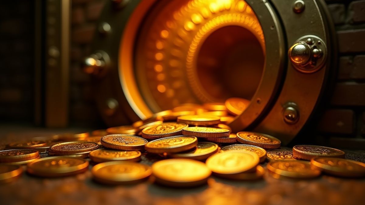 Imagen de monedas de oro saliendo de una bóveda con efectos de luz.