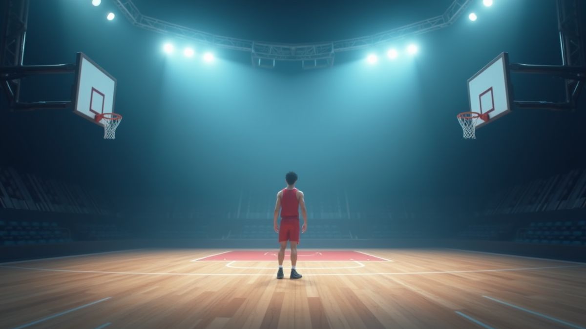 Cancha de baloncesto animada con jugador lanzando.