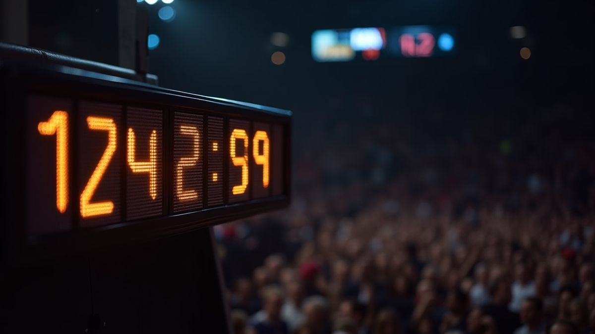 Marcador de baloncesto con números brillantes y público animado.