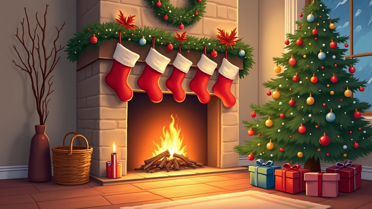 Escena navideña con chimenea y árbol decorado.