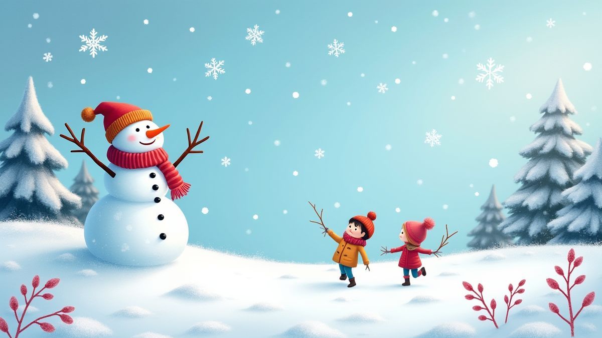 Paisaje nevado con niños jugando y un muñeco de nieve.