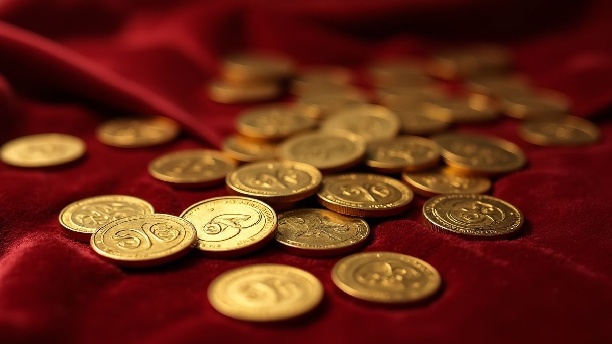Gold coins on a velvet table.