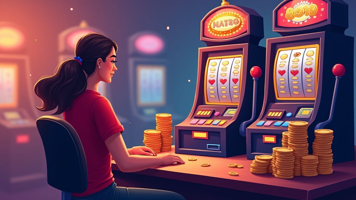 Person playing at a casino machine with stacked coins.