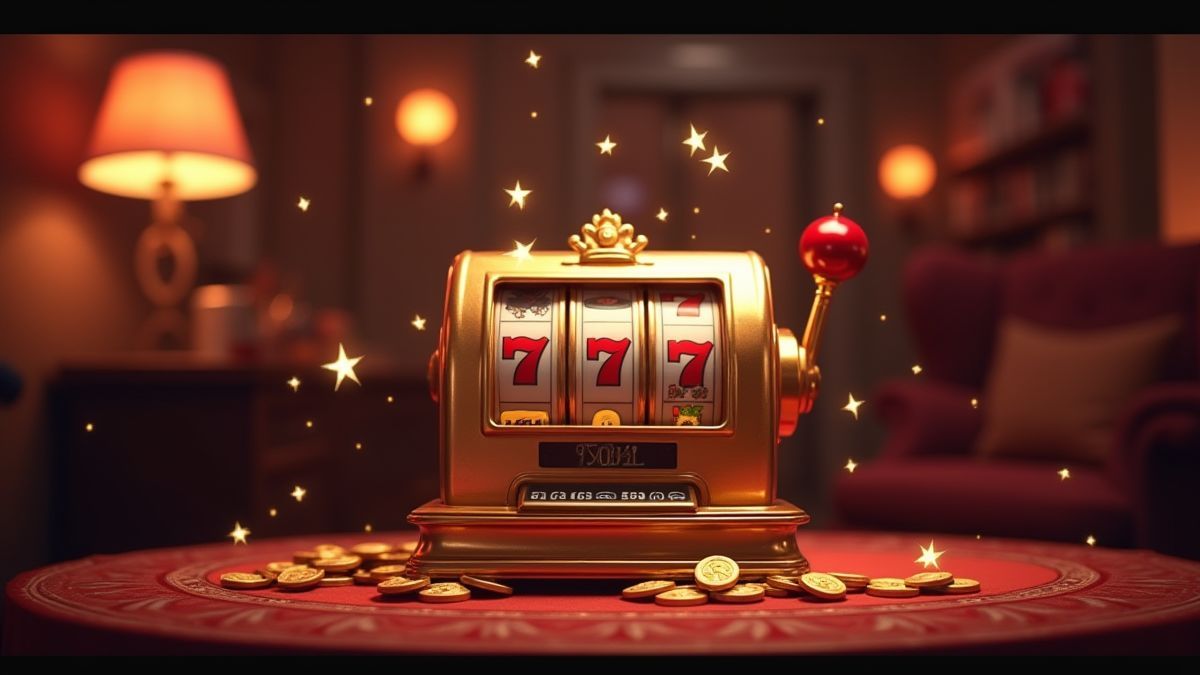 Retro slot machine with stars and coins in a casino corner.