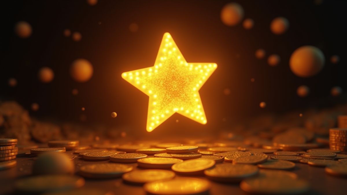 Glowing golden star surrounded by coins floating in space.