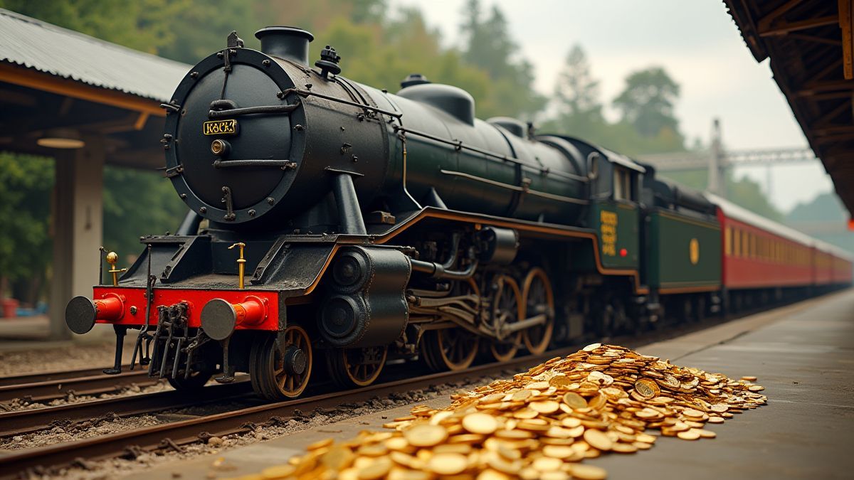 Ein Dampflok, der mit goldenen Münzen beladen ist, die aus seiner Ladung herausfallen.
