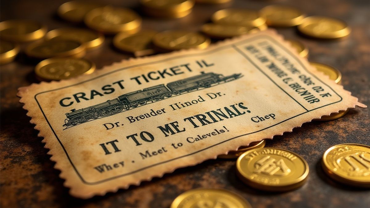 Ein alter Zugticket mit goldenen Münzen darum herum.