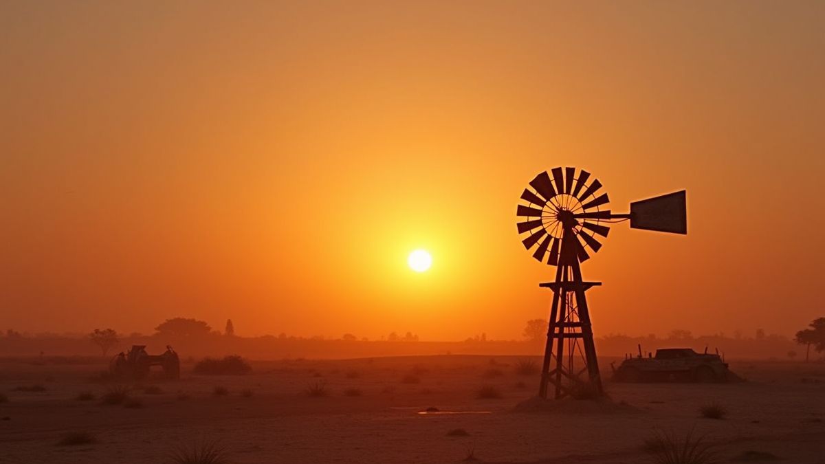 Zonsondergang boven een stoffige woestijn met een draaiende windmolen.