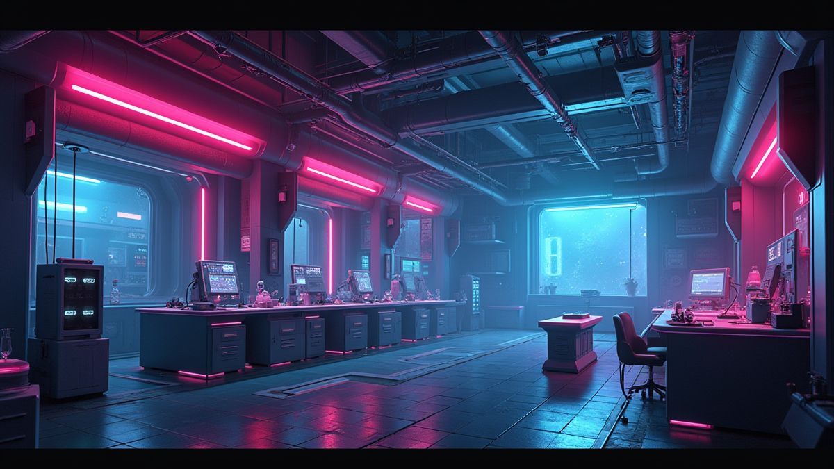 A futuristic laboratory filled with neon lights and mysterious machines