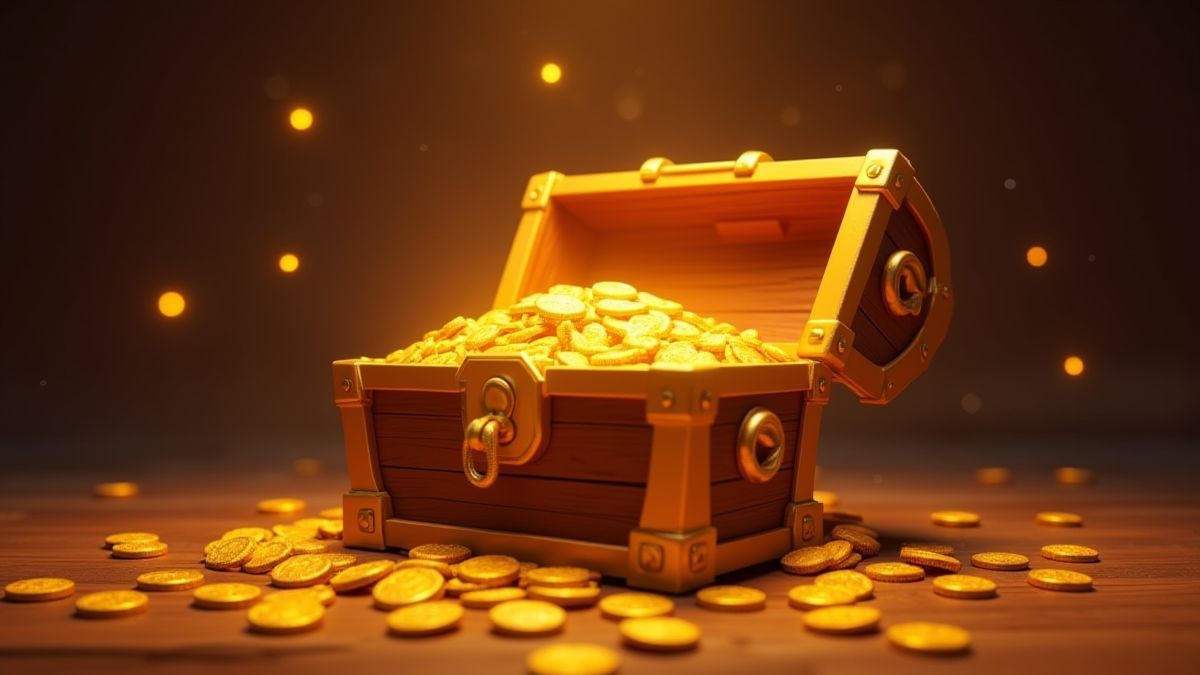 A treasure chest filled with gold coins and glowing multipliers