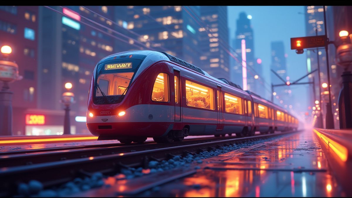 A futuristic train rushing through a glowing city