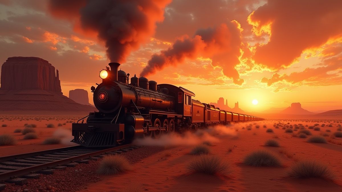 Um trem steampunk em um deserto sob um atardecer dramático.