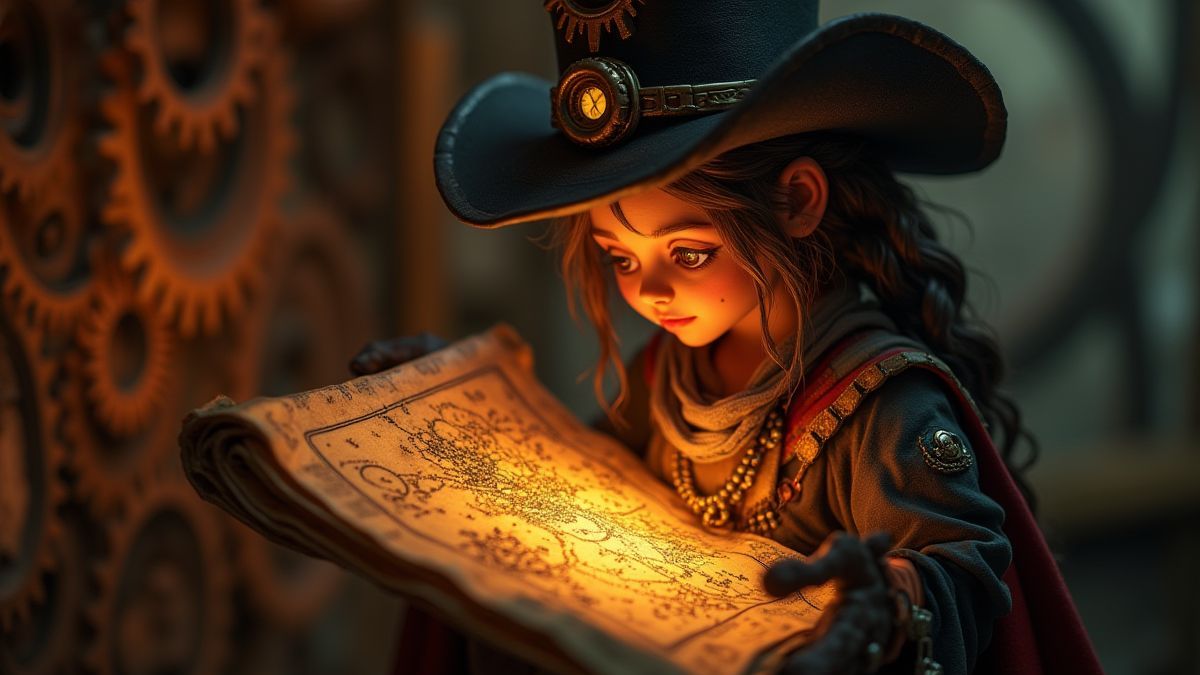 Un personaje steampunk sosteniendo un mapa del tesoro brillante.