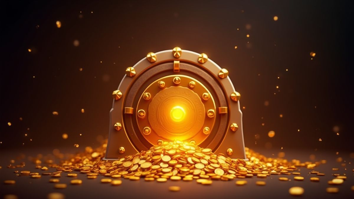 Una bóveda brillante rodeada de monedas doradas y destellos.