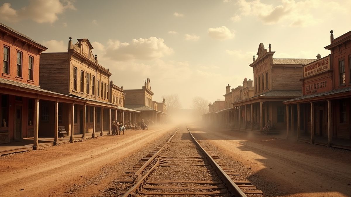 Imagen de un pueblo del oeste con saloon y oficinas del sheriff.
