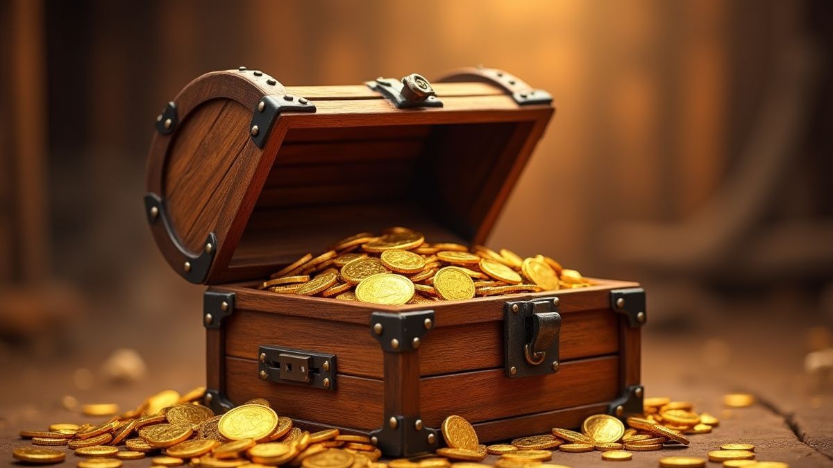 Cofre lleno de monedas de oro y multiplicadores en un entorno del oeste.