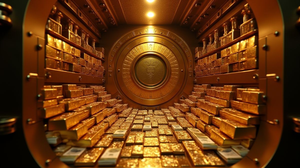 Innenansicht eines luxuriösen Banktresors mit Gold und Geld.