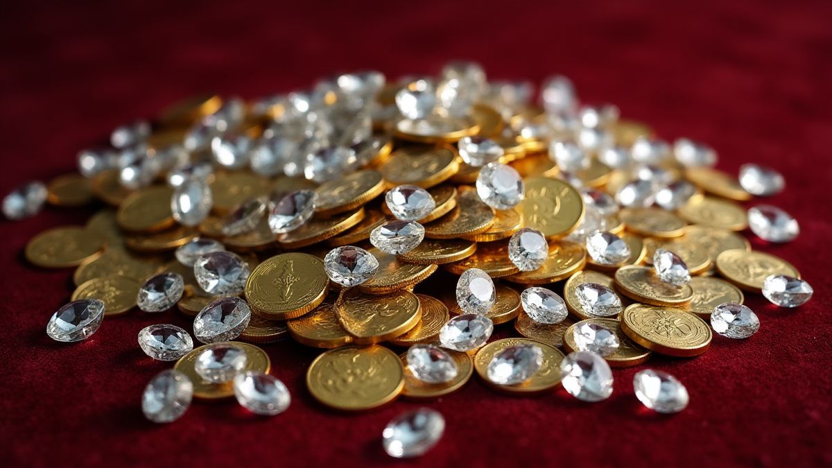 Haufen von Diamanten und Goldmünzen auf einem Samtuntergrund.