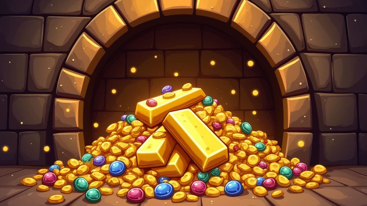 Eine Illustration eines Tresors voller Gold und Juwelen.