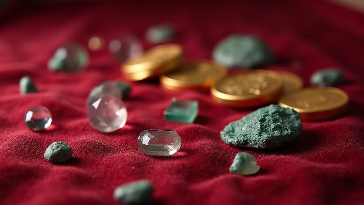 Luxuriöse Szene mit Edelsteinen und Goldmünzen auf einem mit Samt ausgelegten Tisch.