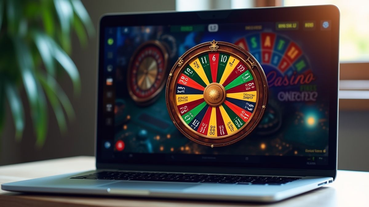 Laptop met een virtuele casino-interface met een wielspel.