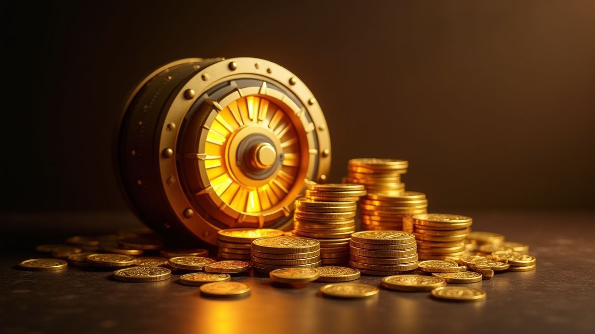 Montes de moedas de ouro e uma porta de cofre luminosa.