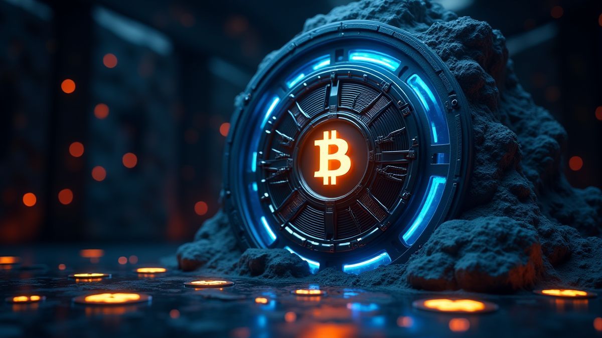 Bóveda futurista rodeada de símbolos de criptomonedas brillantes.