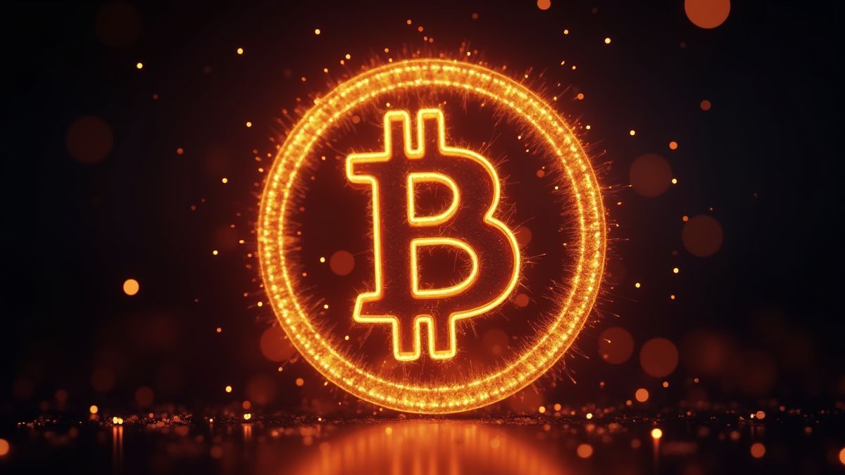 Símbolo de Bitcoin brillante rodeado de destellos.