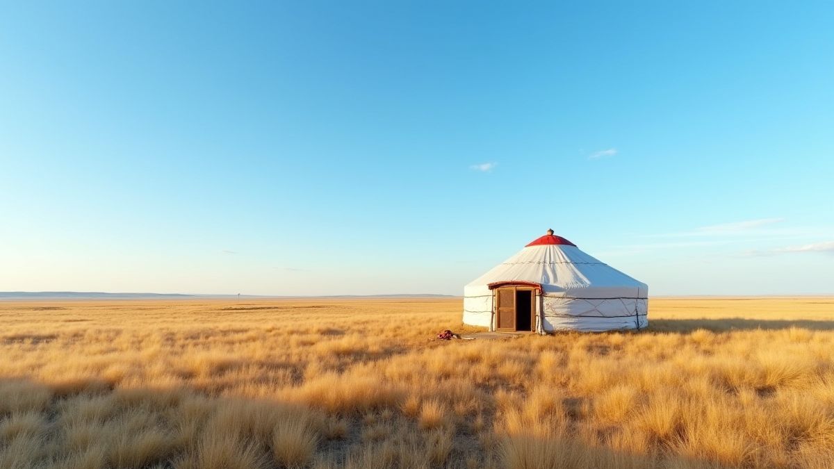 Een Mongoolse yurt in de uitgestrekte steppe onder een blauwe lucht.