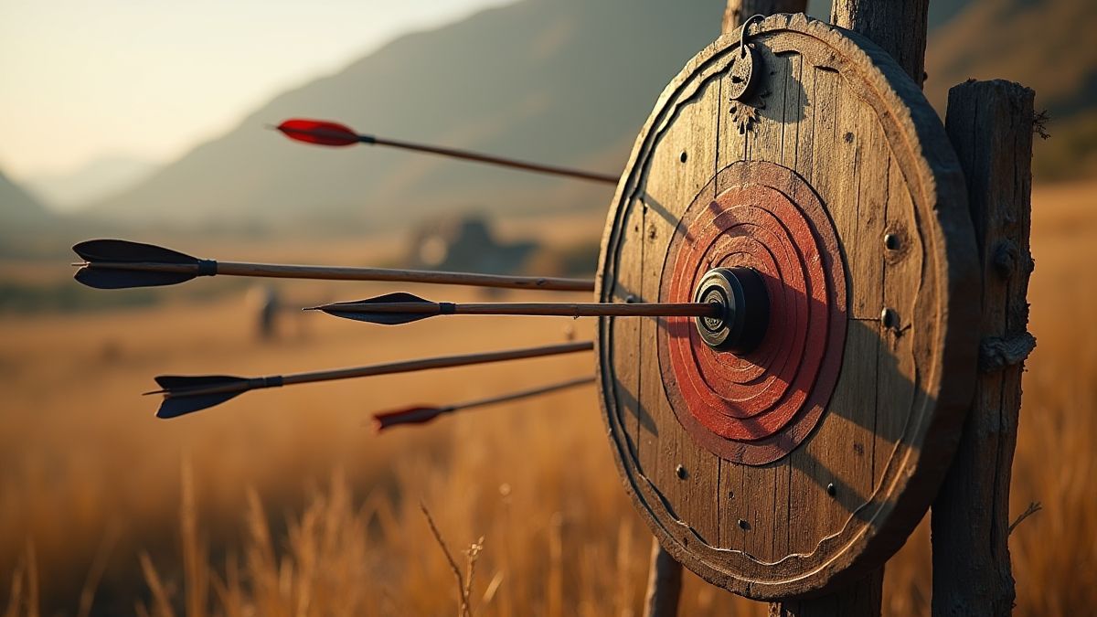 Pijlen die een houten doelwit raken in een oude Mongoolse setting.