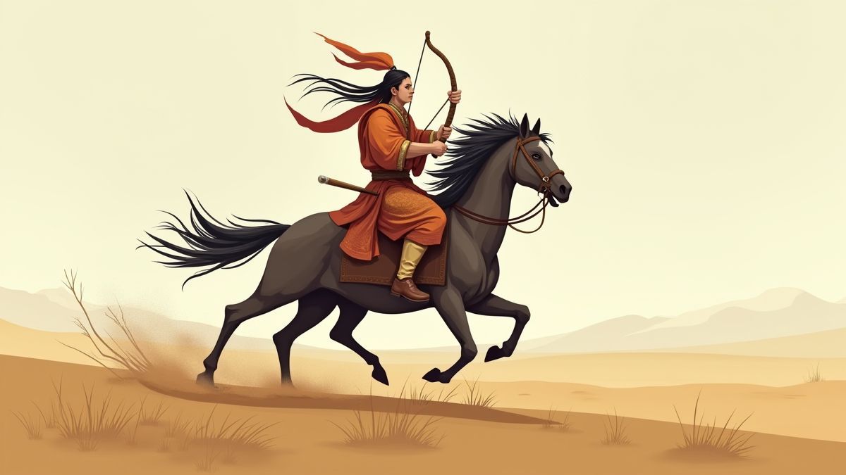 Guerrier mongol monté à cheval avec arc et flèche.