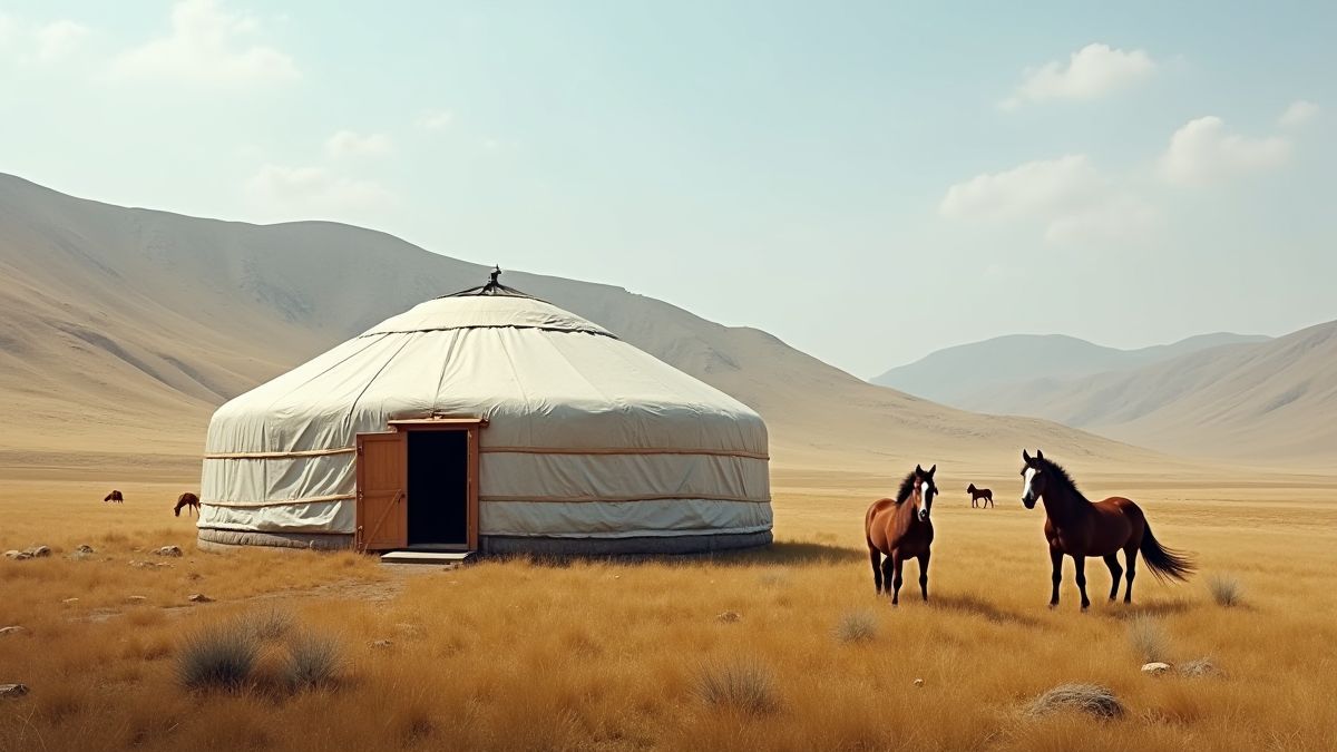 Yurt mongole entourée de collines et de chevaux paissant.