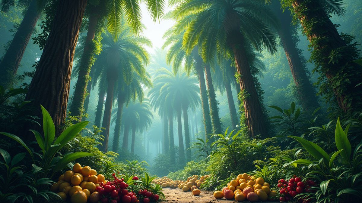 Una jungla tropical con árboles y frutas exóticas.