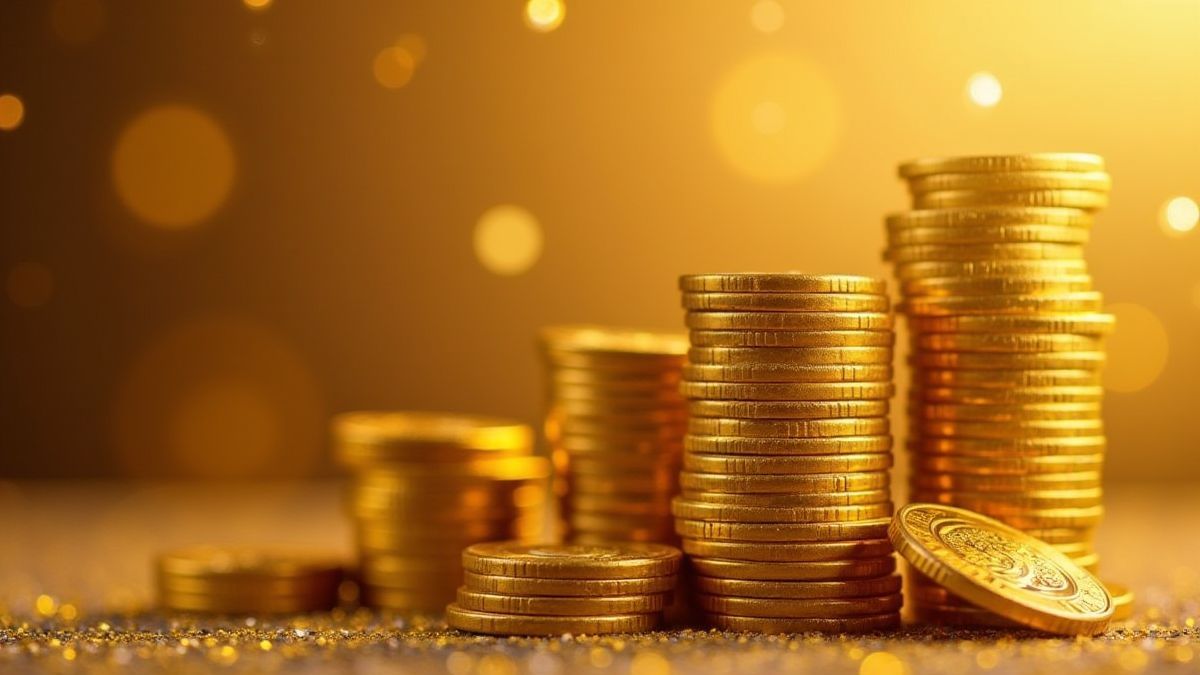 Montones de monedas doradas brillando en el fondo.