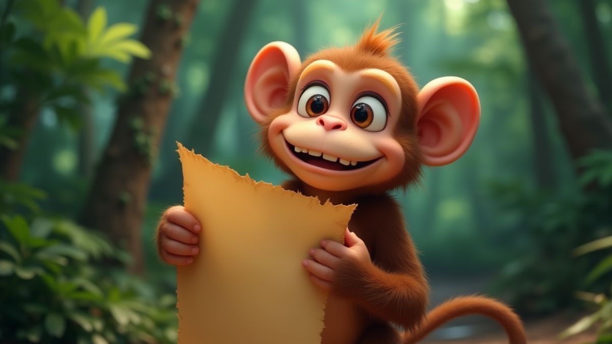 Un mono juguetón con un mapa del tesoro en la selva.