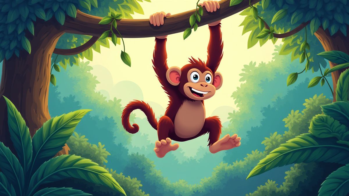 Aap die aan een liaan slingert in een kleurrijke jungle.