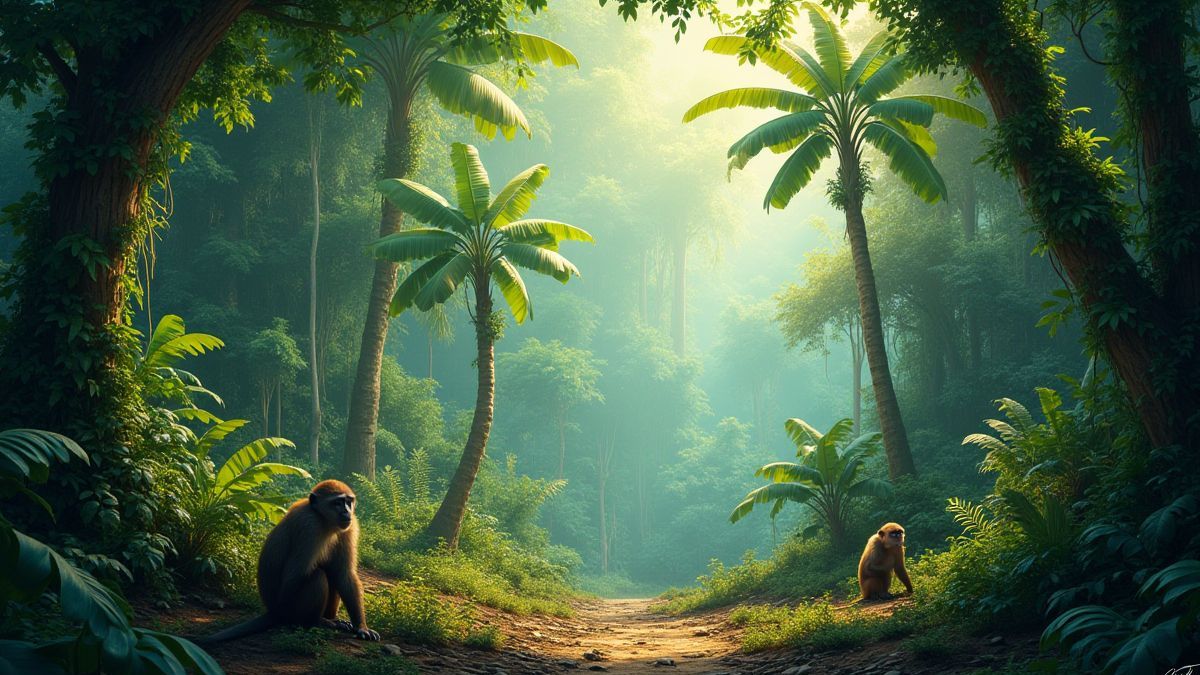 Scène d'une jungle exuberante avec des singes jouant.